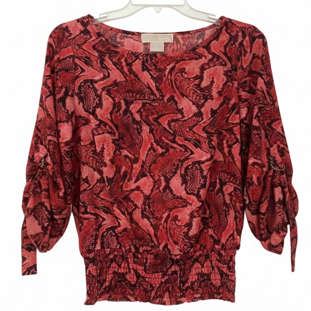 Michael Kors Women Red Coral Brown Animal Print Swirl Blouse Modern Stylish Top